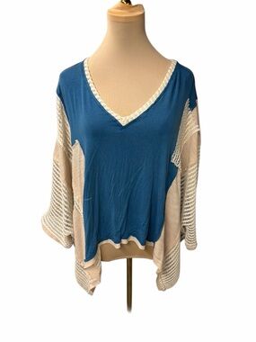 POL Blue V-Neck Sweater Boho Oversized Open Knit Sleeve Top